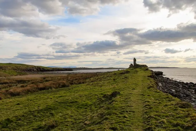 a grassy area next to a body of water