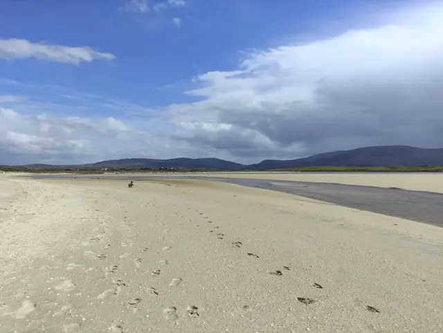 a sandy beach with mountains in the background
