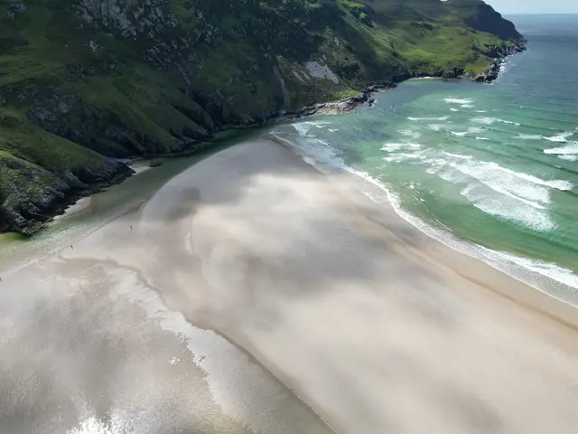 a beach with a large body of water and a large hill with trees