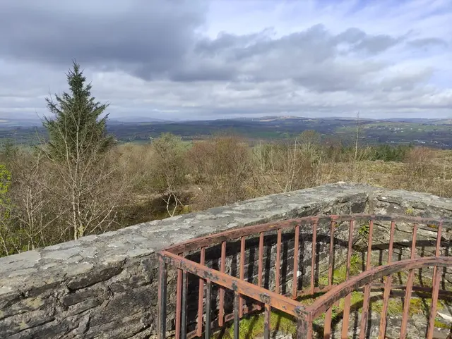 a stone wall with a railing and trees and a cloudy sky